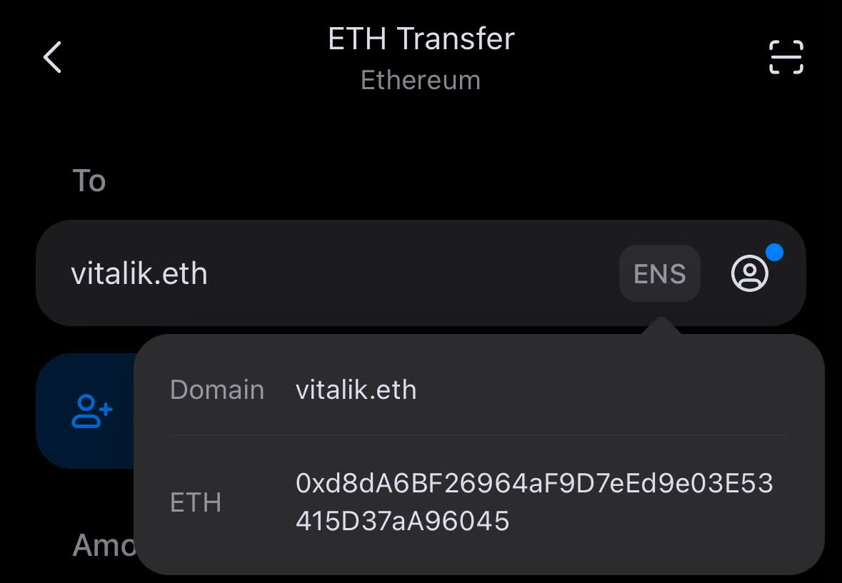 imToken correctly resolves the address for vitalik.eth