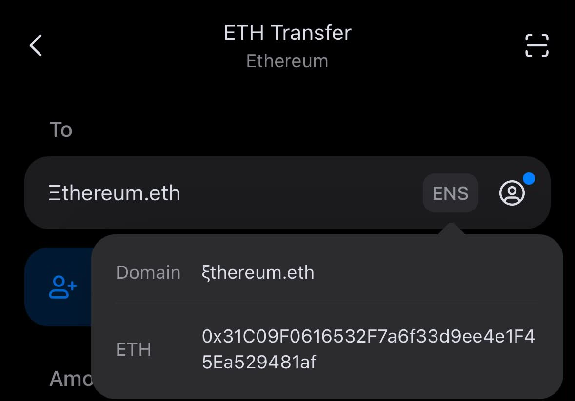 imToken correctly resolves the address for Ξthereum.eth