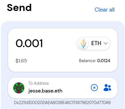 MyEtherWallet web app correctly resolves the address for jesse.base.eth