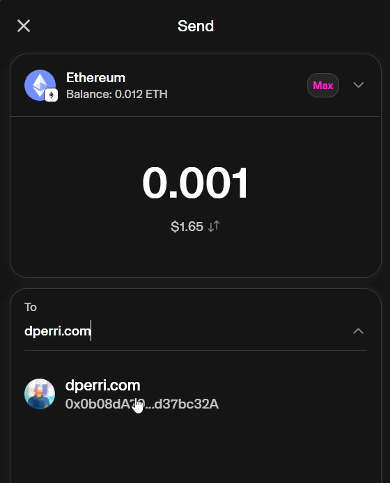 Uniswap Wallet correctly resolves the address for dperri.com