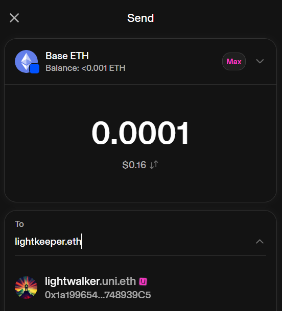 Uniswap Wallet fails to resolve the address for lightkeeper.eth on the Base chain