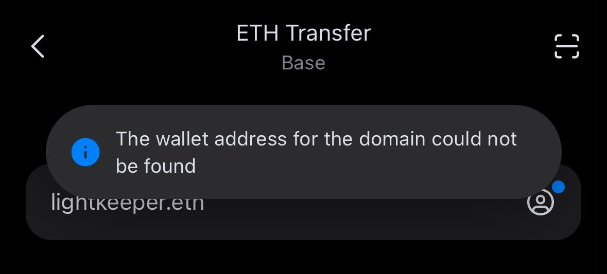 imToken fails to resolve the address for lightkeeper.eth on the Base chain